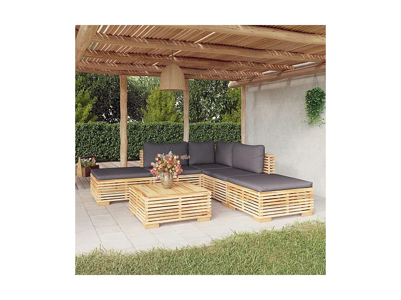 6-tlg. Garten-Lounge-Set mit Kissen Massivholz Teak