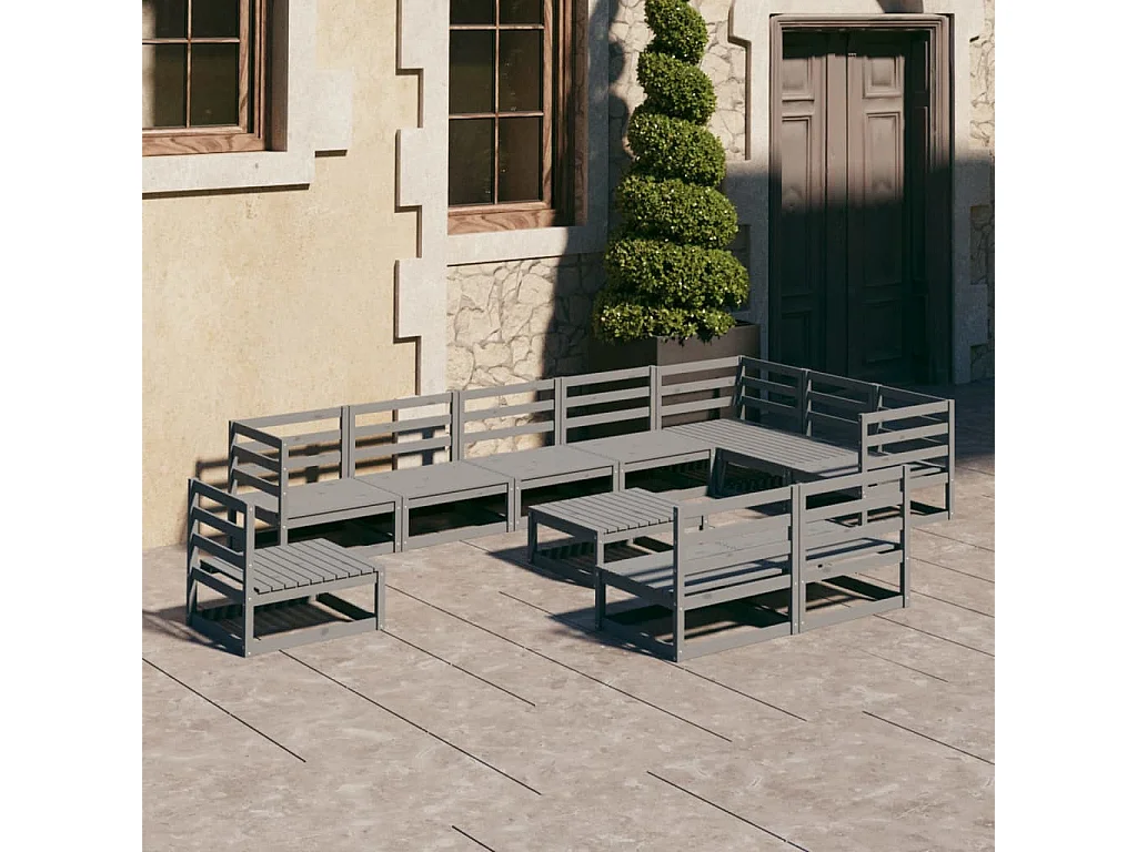 11-tlg. Garten-Lounge-Set Grau Kiefer Massivholz