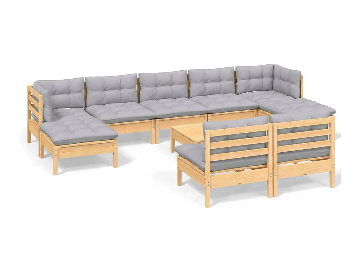 10 pcs conjunto lounge de jardim c/ almofadões cinzentos pinho