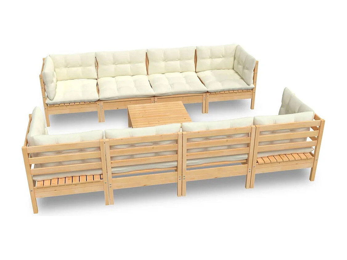 9-delige Loungeset met crèmekleurige kussens massief grenenhout