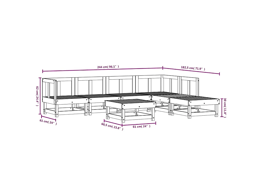 Salon de jardin 7 pcs Blanc Bois de pin massif