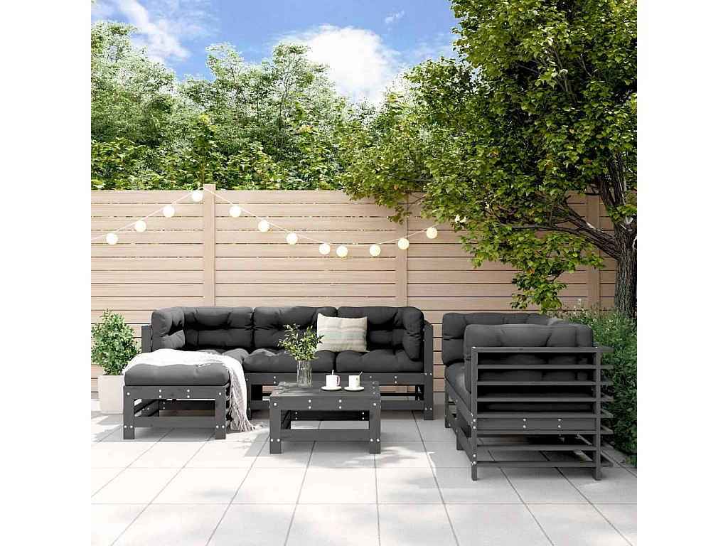 Salon de jardin 7 pcs Gris Bois de pin massif