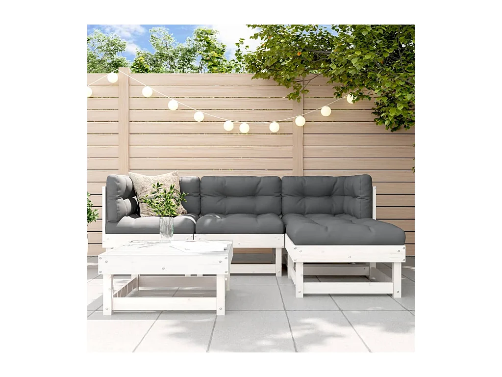 Salon de jardin 5 pcs avec coussins blanc bois massif