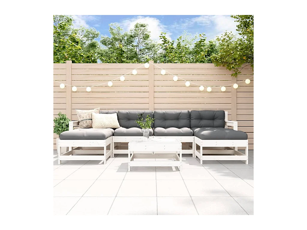 Set Divani da Giardino 7pz con Cuscini in Legno Massello Bianco