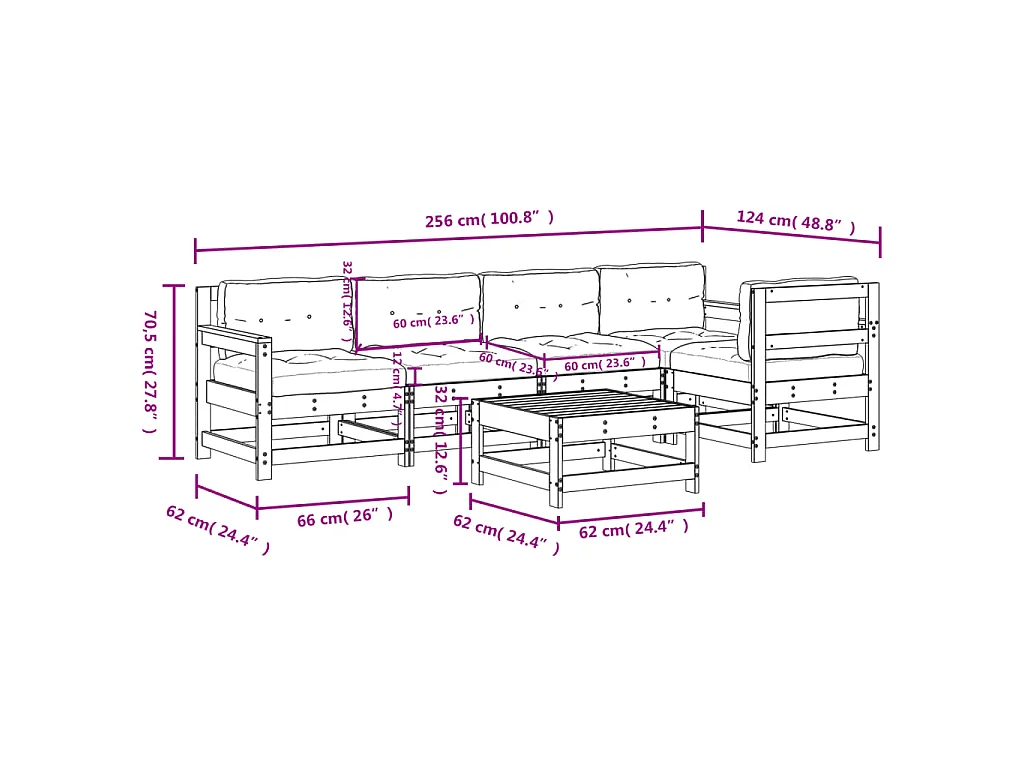 Set Divani da Giardino 6 pz con Cuscini in Legno Massello