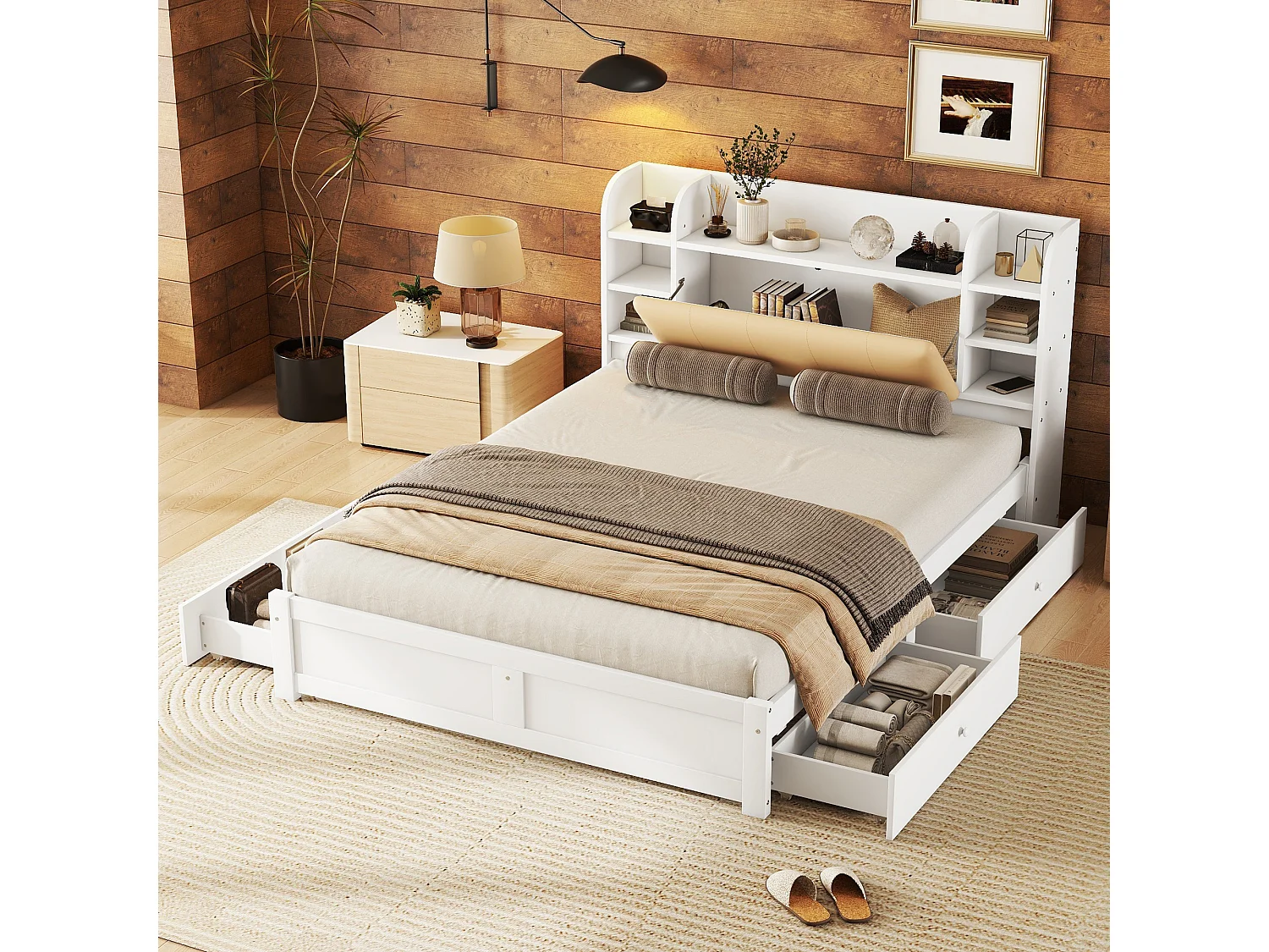 Bed 160 x 200 cm met opbergruimte aan het hoofdeinde en 4 lades - MDF-hout - moderne stijl - wit