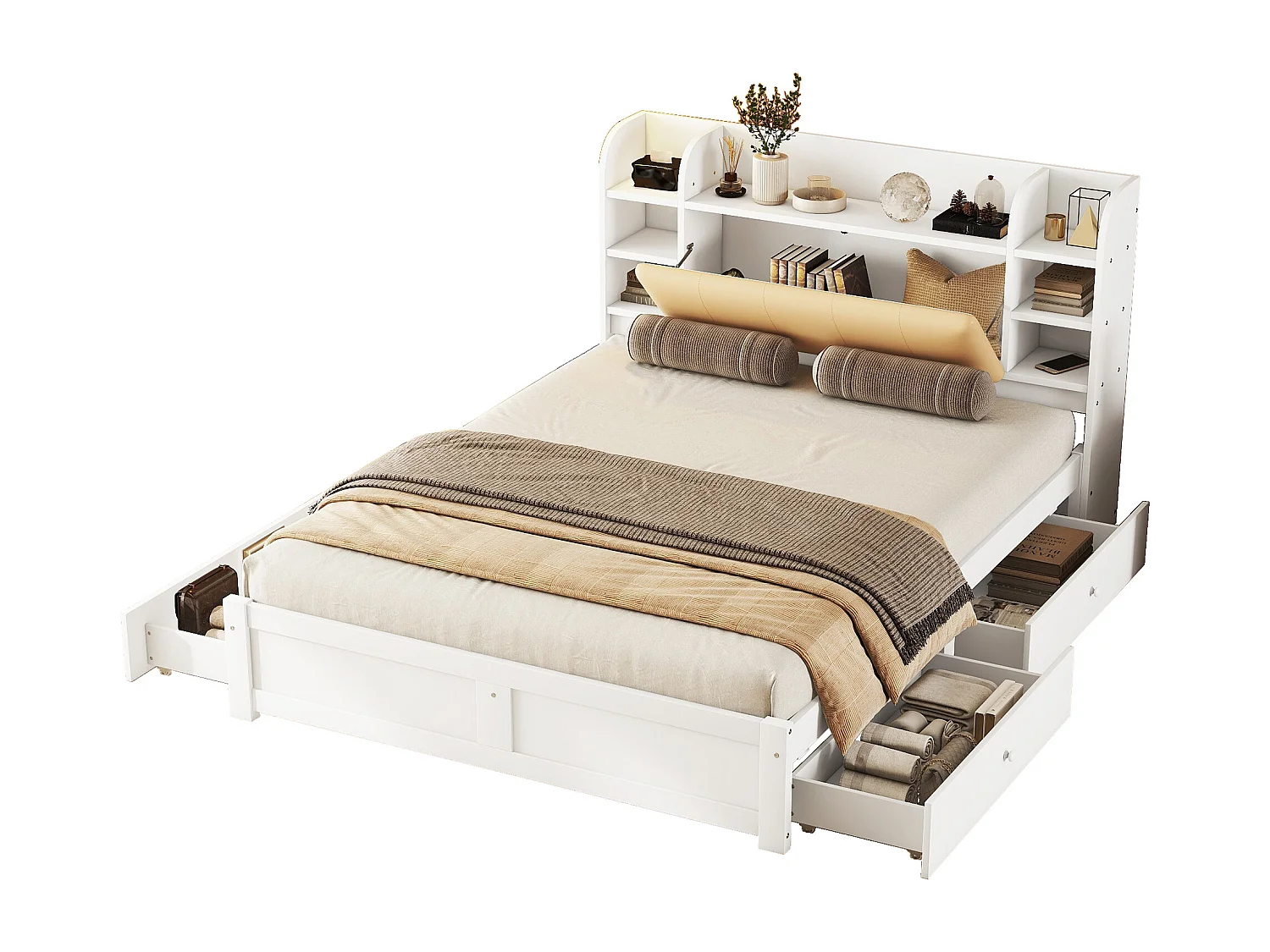 Bed 160 x 200 cm met opbergruimte aan het hoofdeinde en 4 lades - MDF-hout - moderne stijl - wit