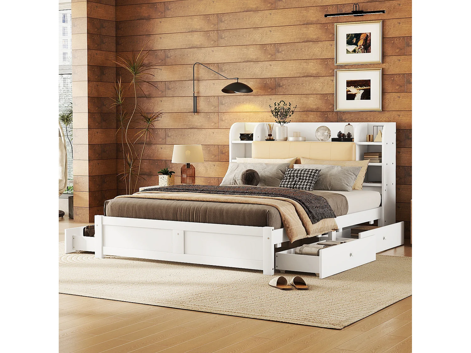 Lit 160 x 200 cm avec rangements sur tête de lit et 4 tiroirs - bois MDF - style contemporain - blanc