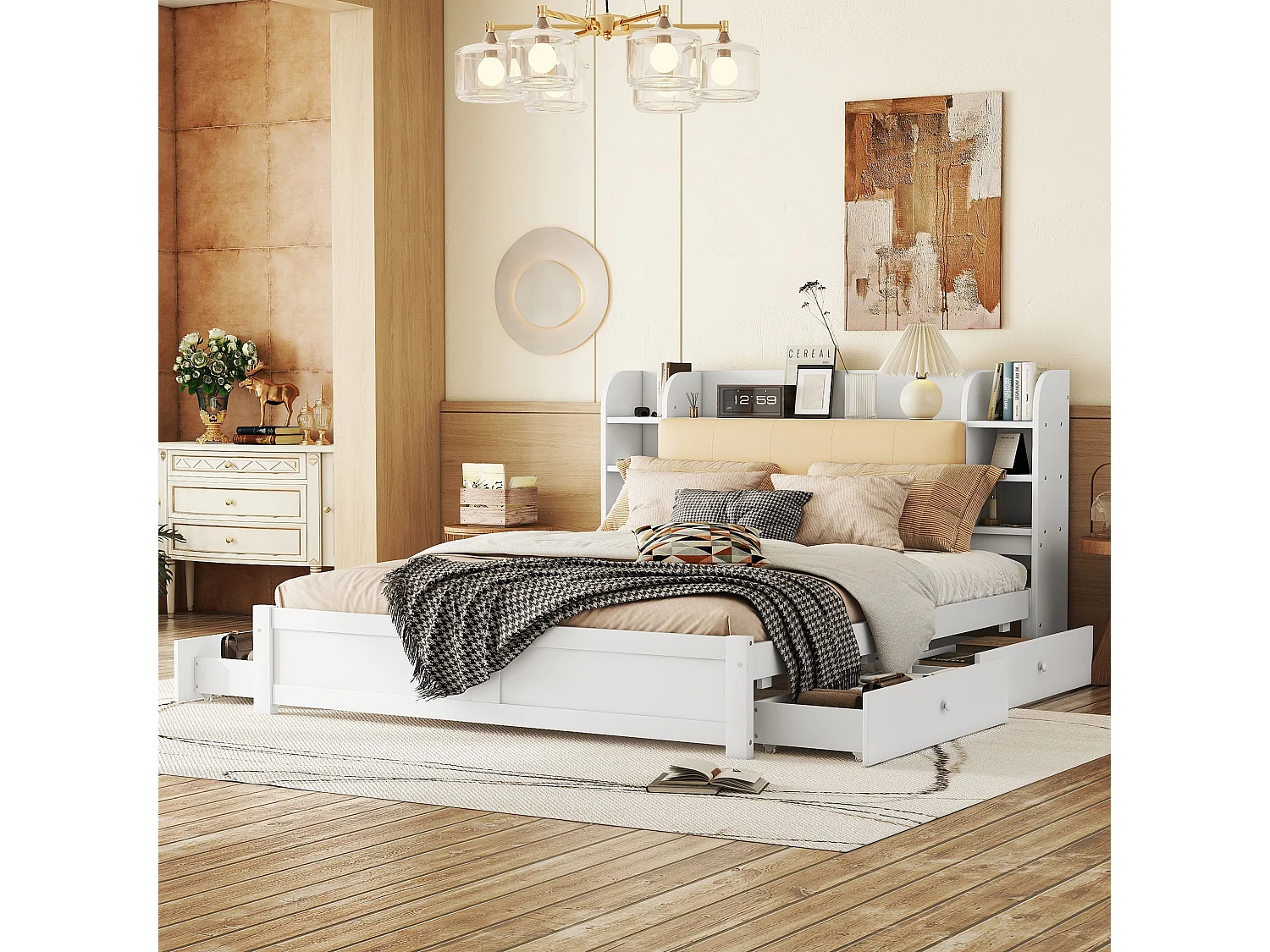 Letto 180 x 200 cm con testiera contenitore e 4 cassetti - legno MDF - stile contemporaneo - bianco