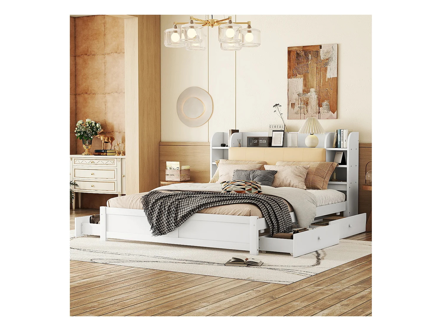 Lit 180 x 200 cm avec rangements sur tête de lit et 4 tiroirs - bois MDF - style contemporain - blanc