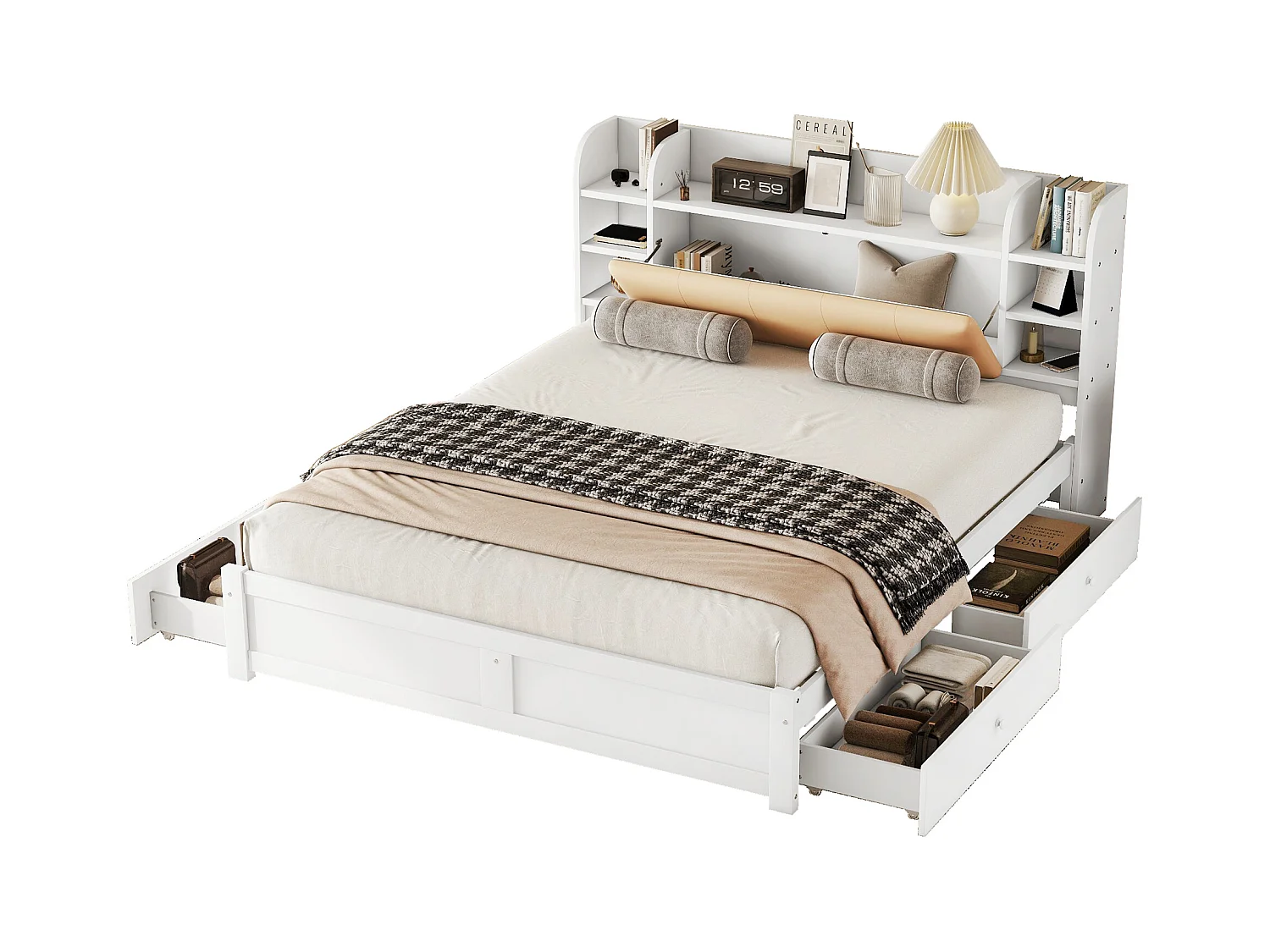 Lit 180 x 200 cm avec rangements sur tête de lit et 4 tiroirs - bois MDF - style contemporain - blanc