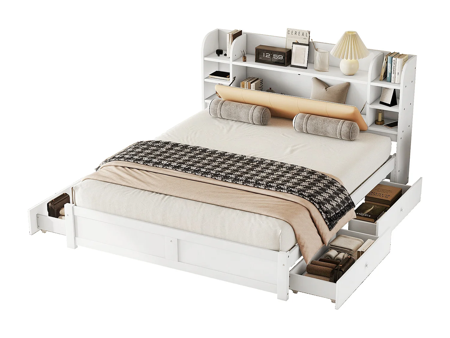 Lit 180 x 200 cm avec rangements sur tête de lit et 4 tiroirs - bois MDF - style contemporain - blanc