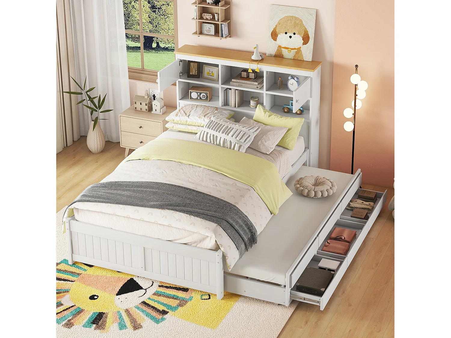 Lit gigogne avec rangements et 3 tiroirs - 140 x 200 et 90 x 190 cm - bois MDF - blanc - LOSIANA