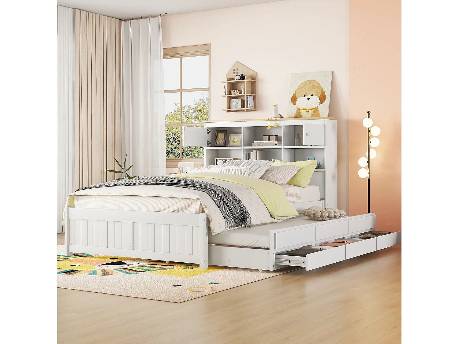 Lit gigogne avec rangements et 3 tiroirs - 140 x 200 et 90 x 190 cm - bois MDF - blanc - LOSIANA