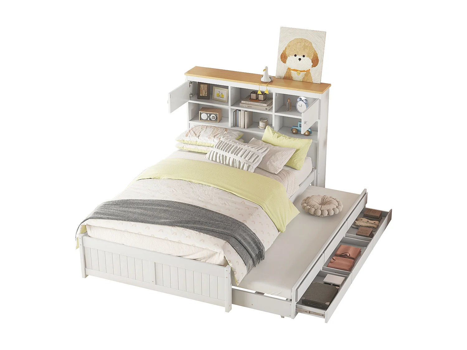 Lit gigogne avec rangements et 3 tiroirs - 140 x 200 et 90 x 190 cm - bois MDF - blanc - LOSIANA