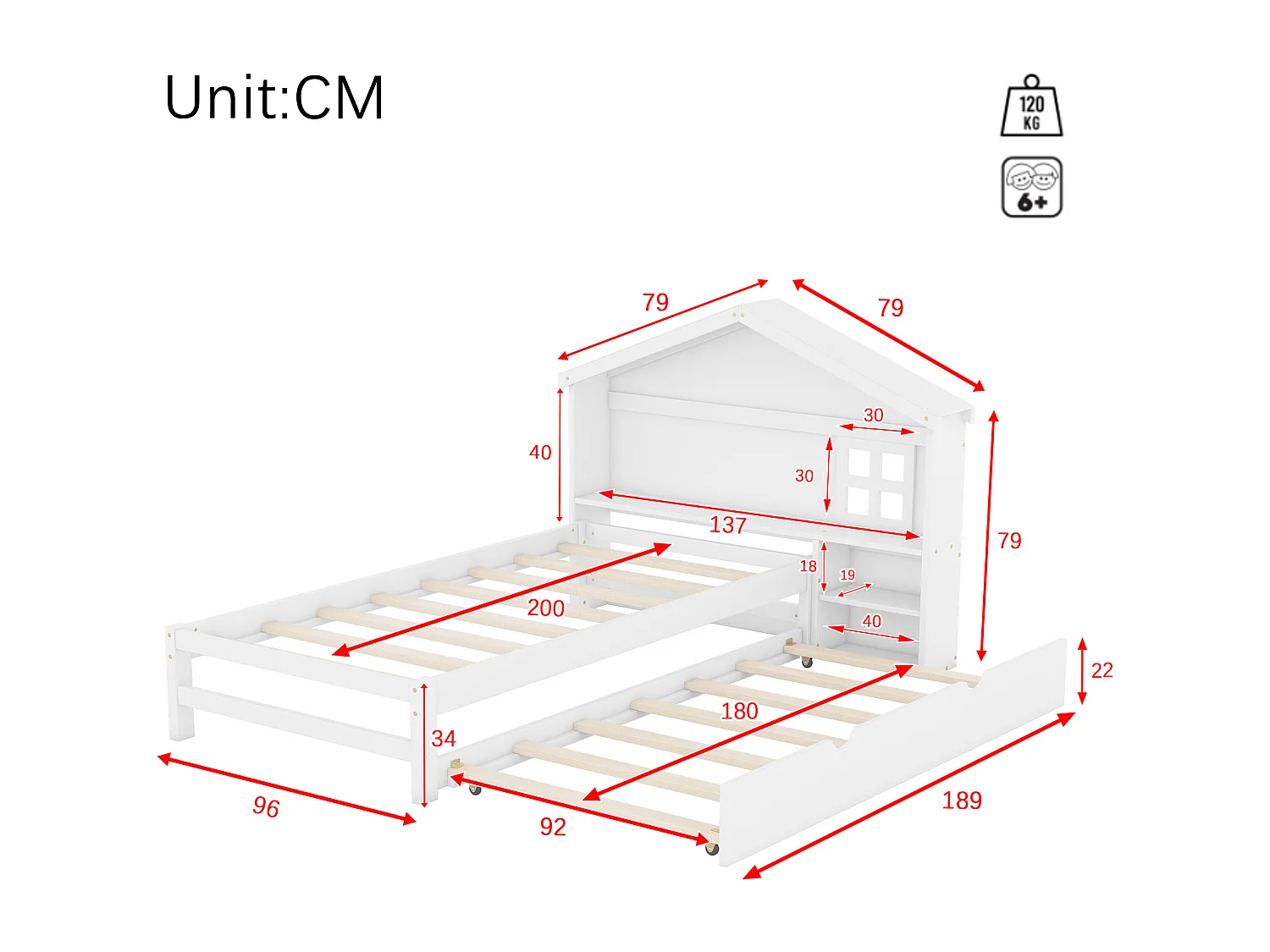 Uitschuifbed met opbergruimte - 90 x 200 cm + 90 x 180 cm - MDF-hout - voor kinderen - wit