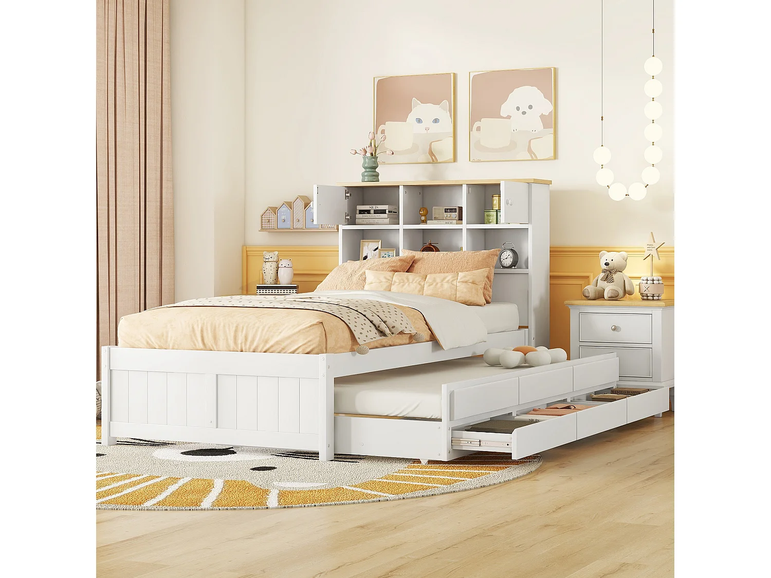 Lit gigogne avec rangements et 3 tiroirs - 90 x 200 et 90 x 190 cm - bois MDF - blanc - LOSIANA