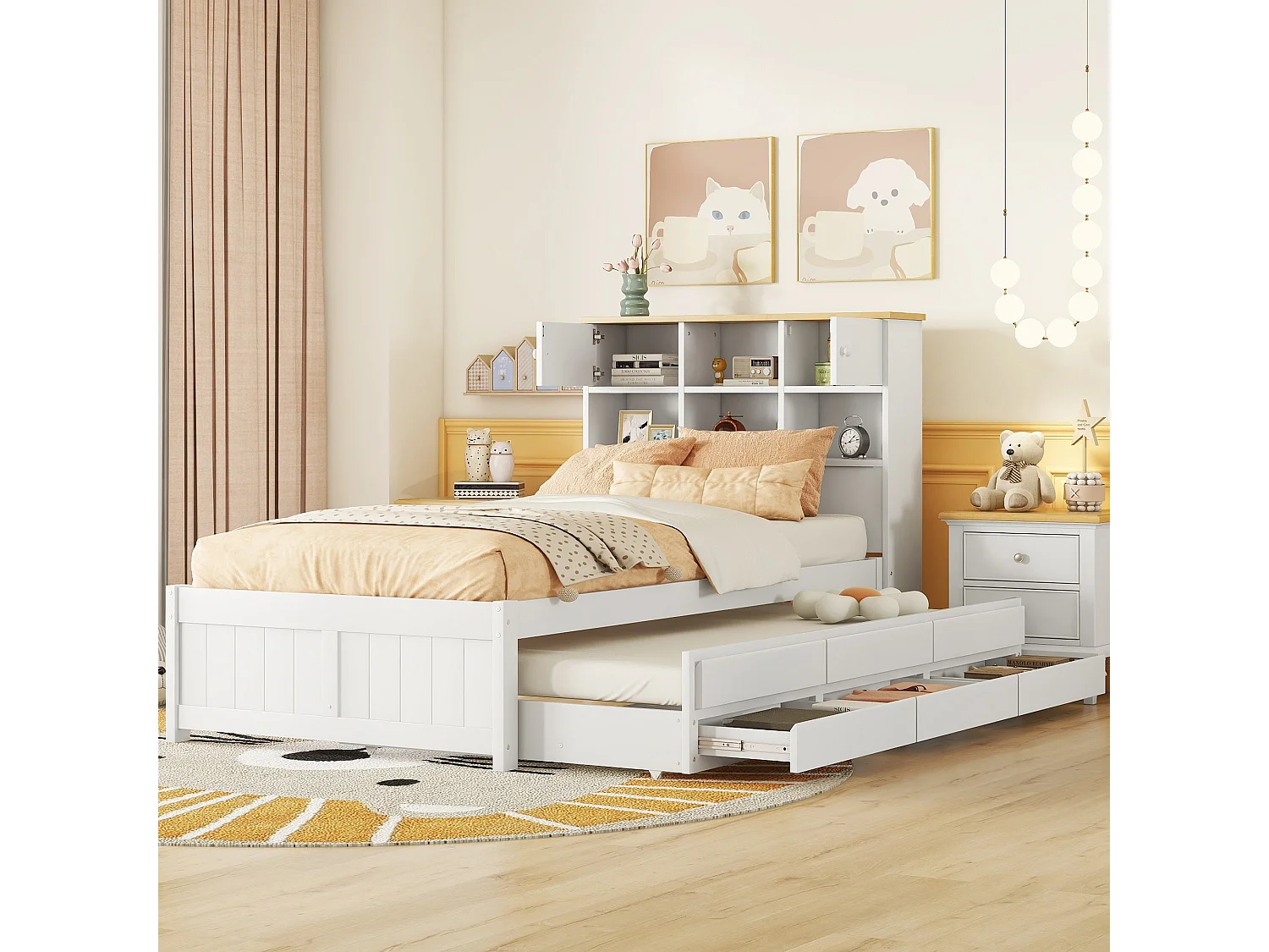 Lit gigogne avec rangements et 3 tiroirs - 90 x 200 et 90 x 190 cm - bois MDF - blanc - LOSIANA