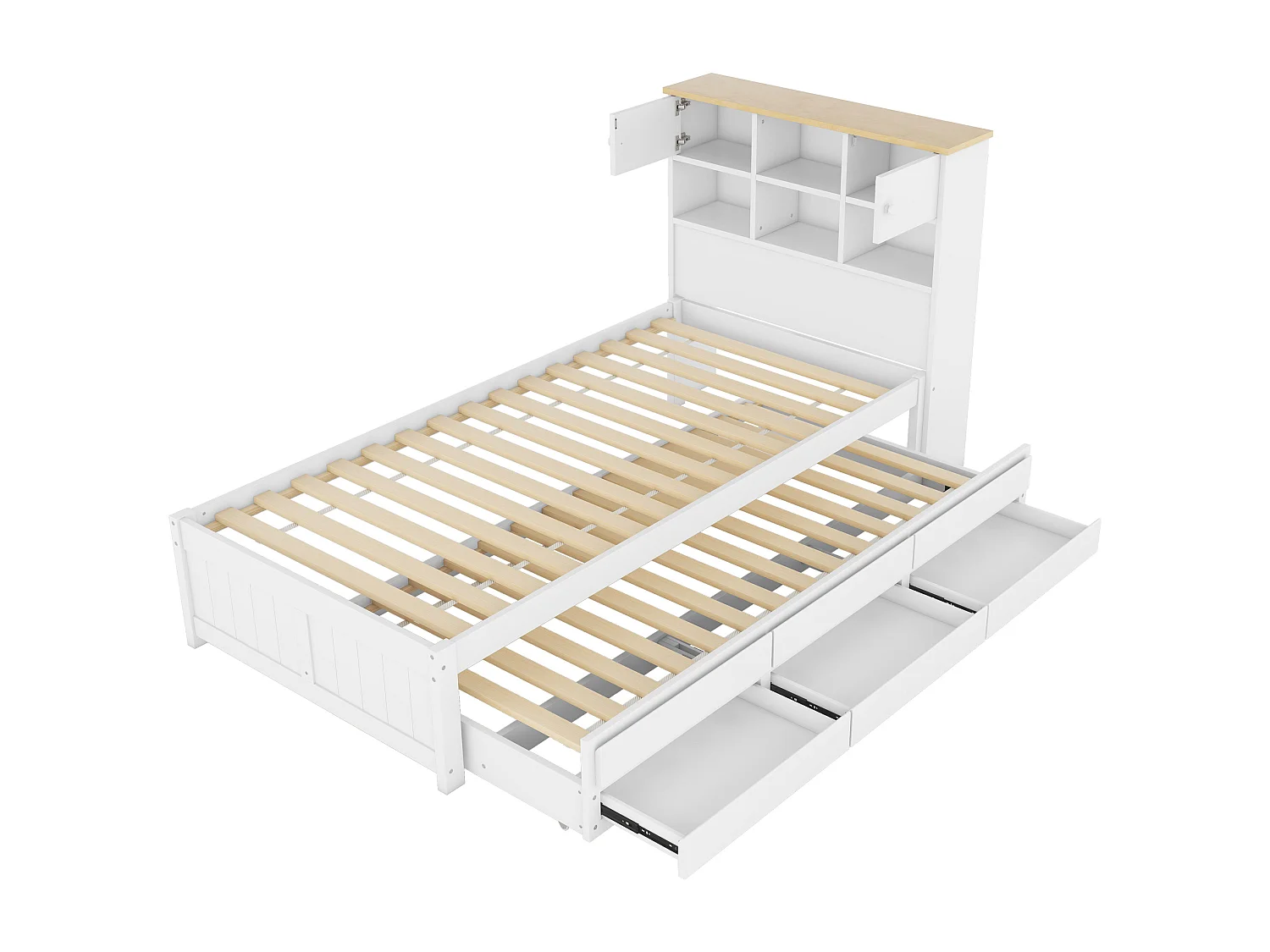 Lit gigogne avec rangements et 3 tiroirs - 90 x 200 et 90 x 190 cm - bois MDF - blanc - LOSIANA