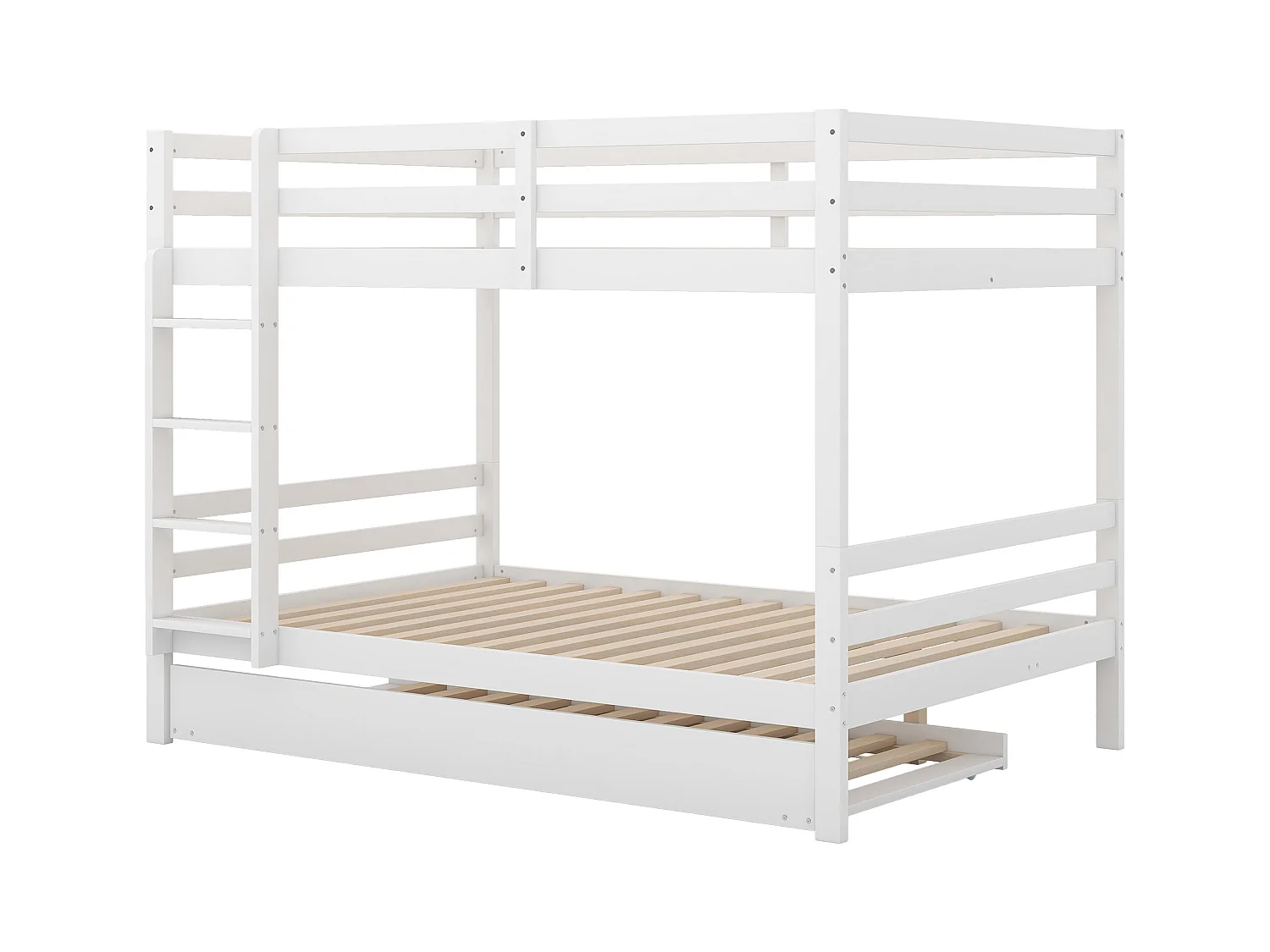 Etagenbetten 140 x 200 cm mit Ausziehbett 90 x 200 cm – Geländer und Treppe – MDF-Holz – Weiß