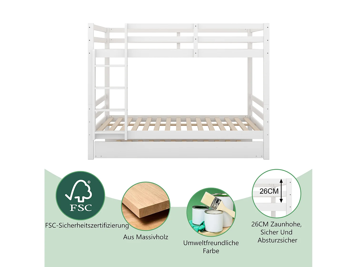Lits superposés 2 x 140 x 200 cm avec lit gigogne 90 x 200 cm - garde-corps et escalier - Bois MDF - blanc