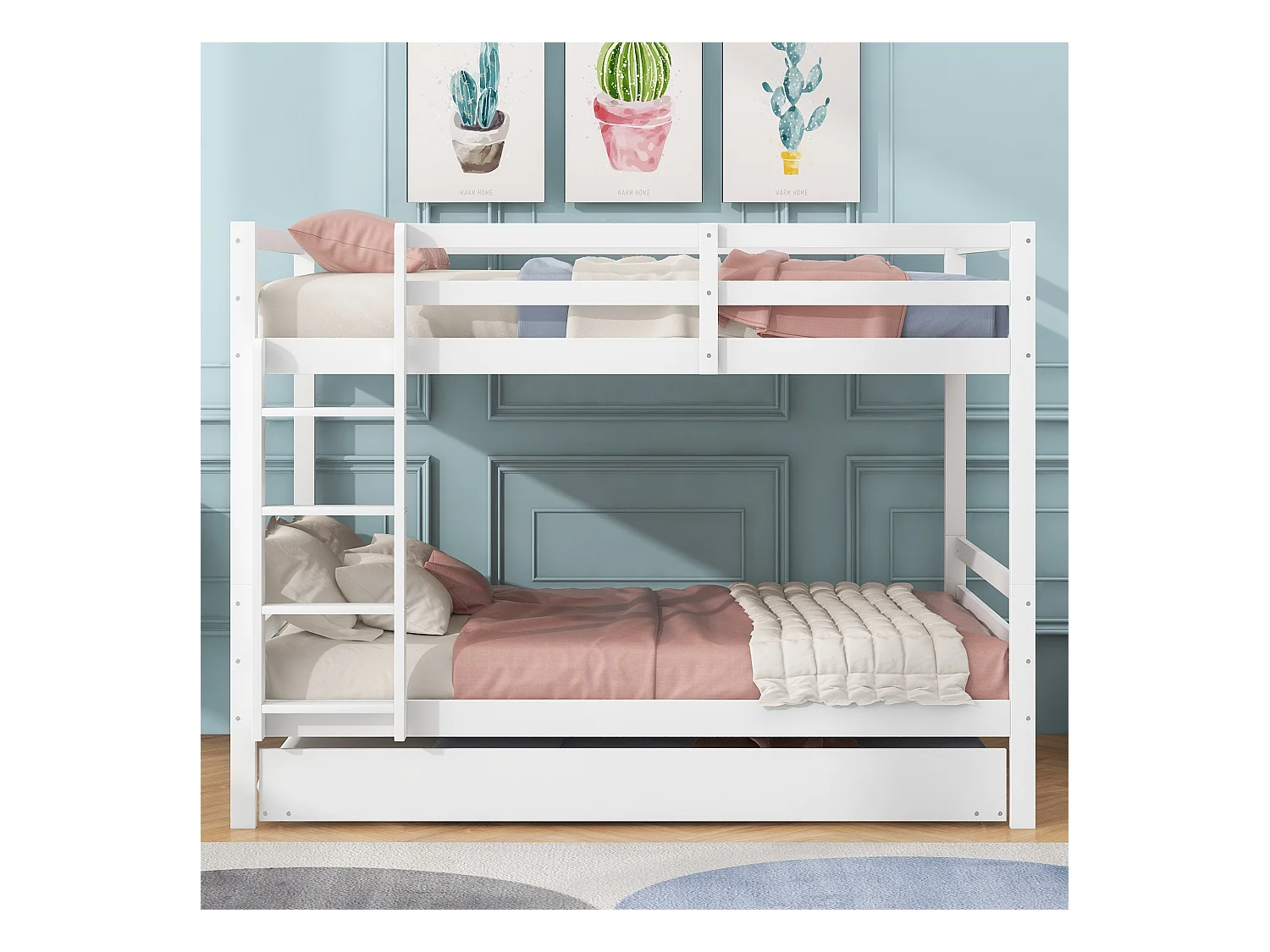 Literas 2 x 140 x 200 cm con cama nido 90 x 200 cm - barandilla y escalera - madera MDF - blanco