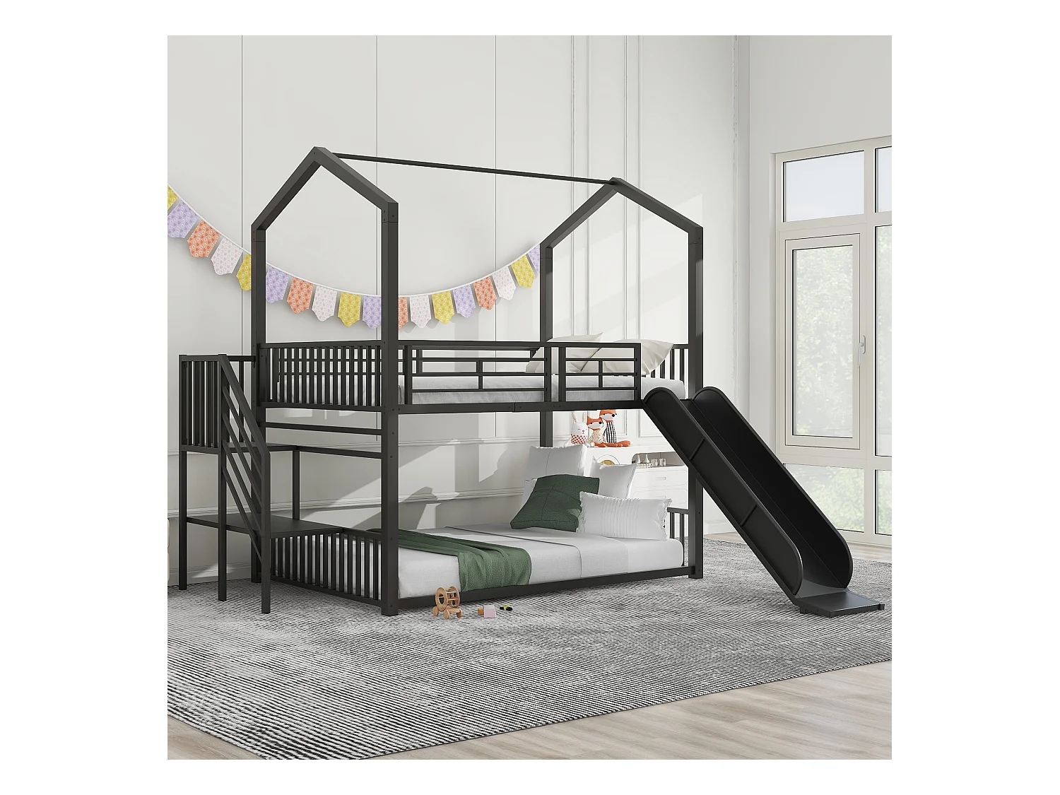 Lits superposés 2 x 140 x 200 cm avec toboggan et escalier pour enfant - Métal - Noir
