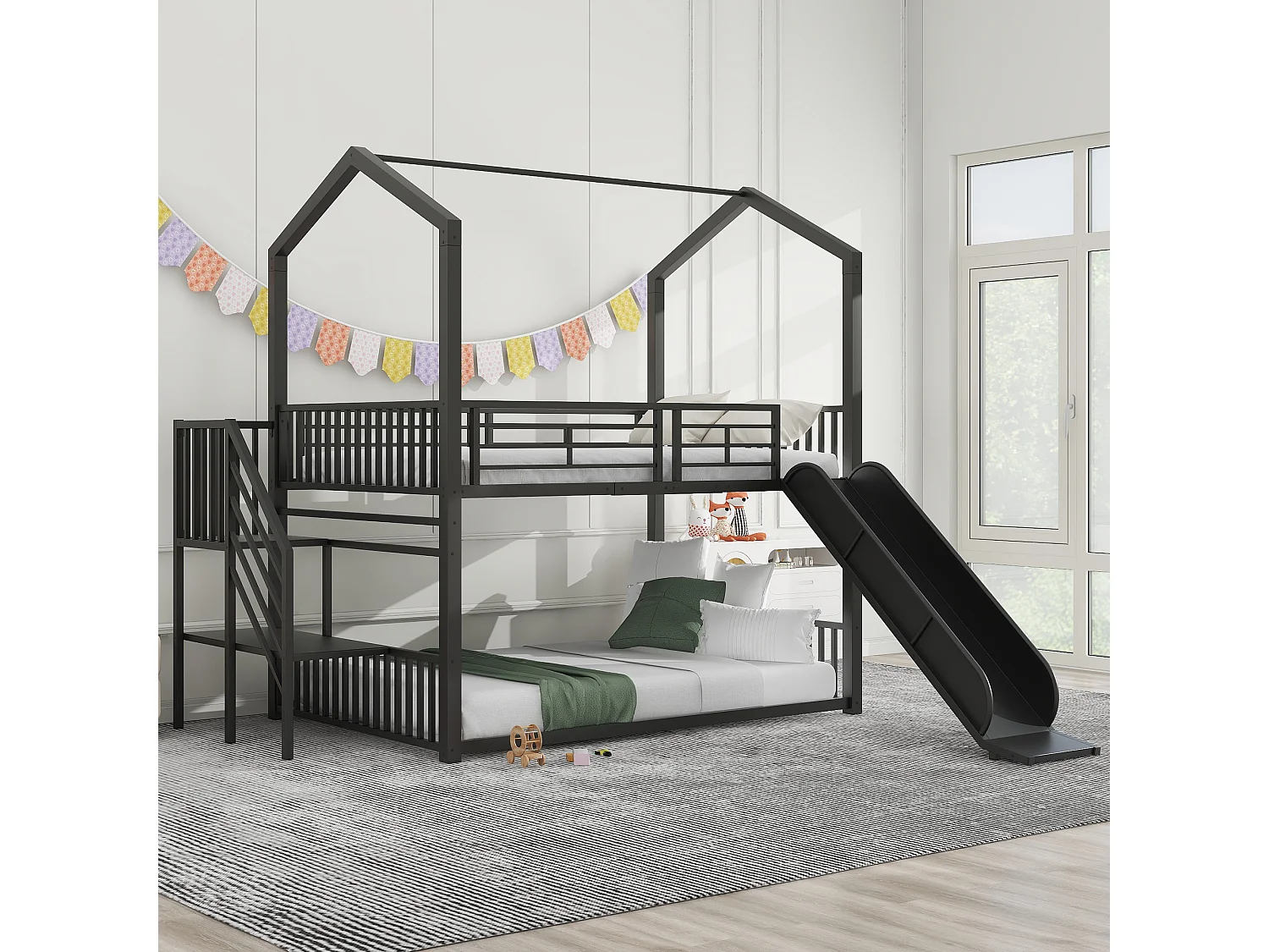 Lits superposés 2 x 140 x 200 cm avec toboggan et escalier pour enfant - Métal - Noir