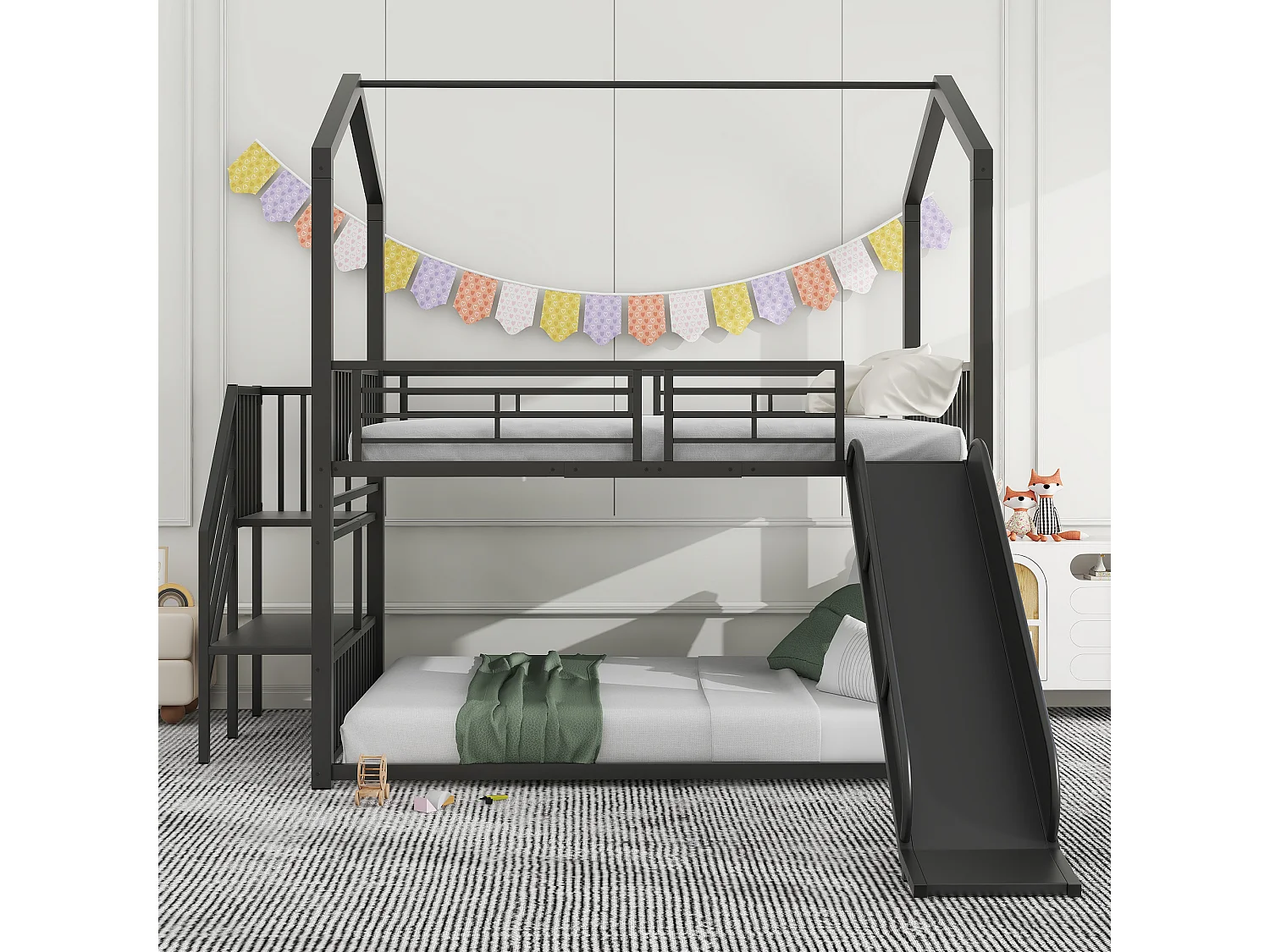 Lits superposés 2 x 140 x 200 cm avec toboggan et escalier pour enfant - Métal - Noir