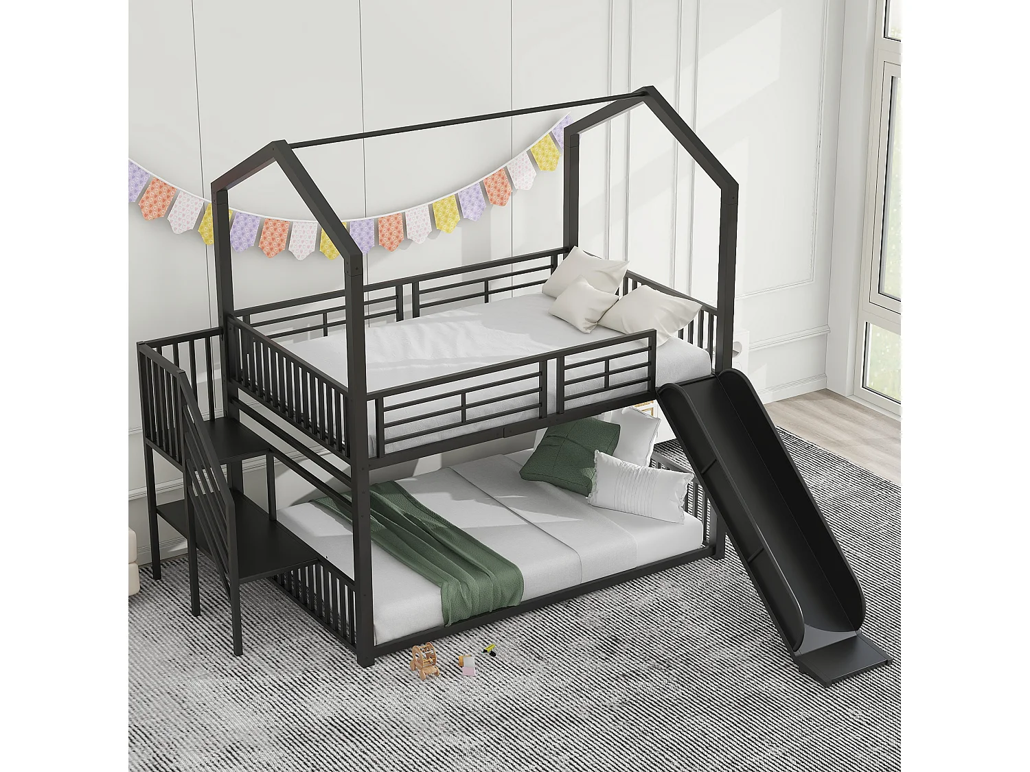 Lits superposés 2 x 140 x 200 cm avec toboggan et escalier pour enfant - Métal - Noir