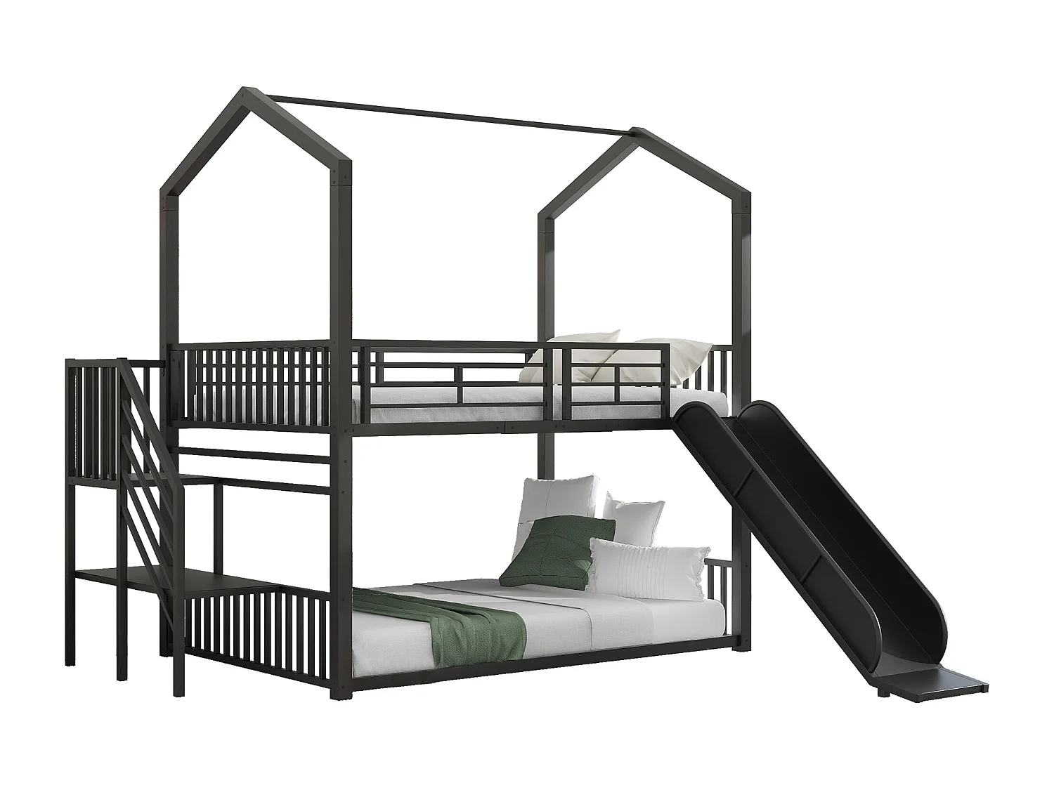 Lits superposés 2 x 140 x 200 cm avec toboggan et escalier pour enfant - Métal - Noir