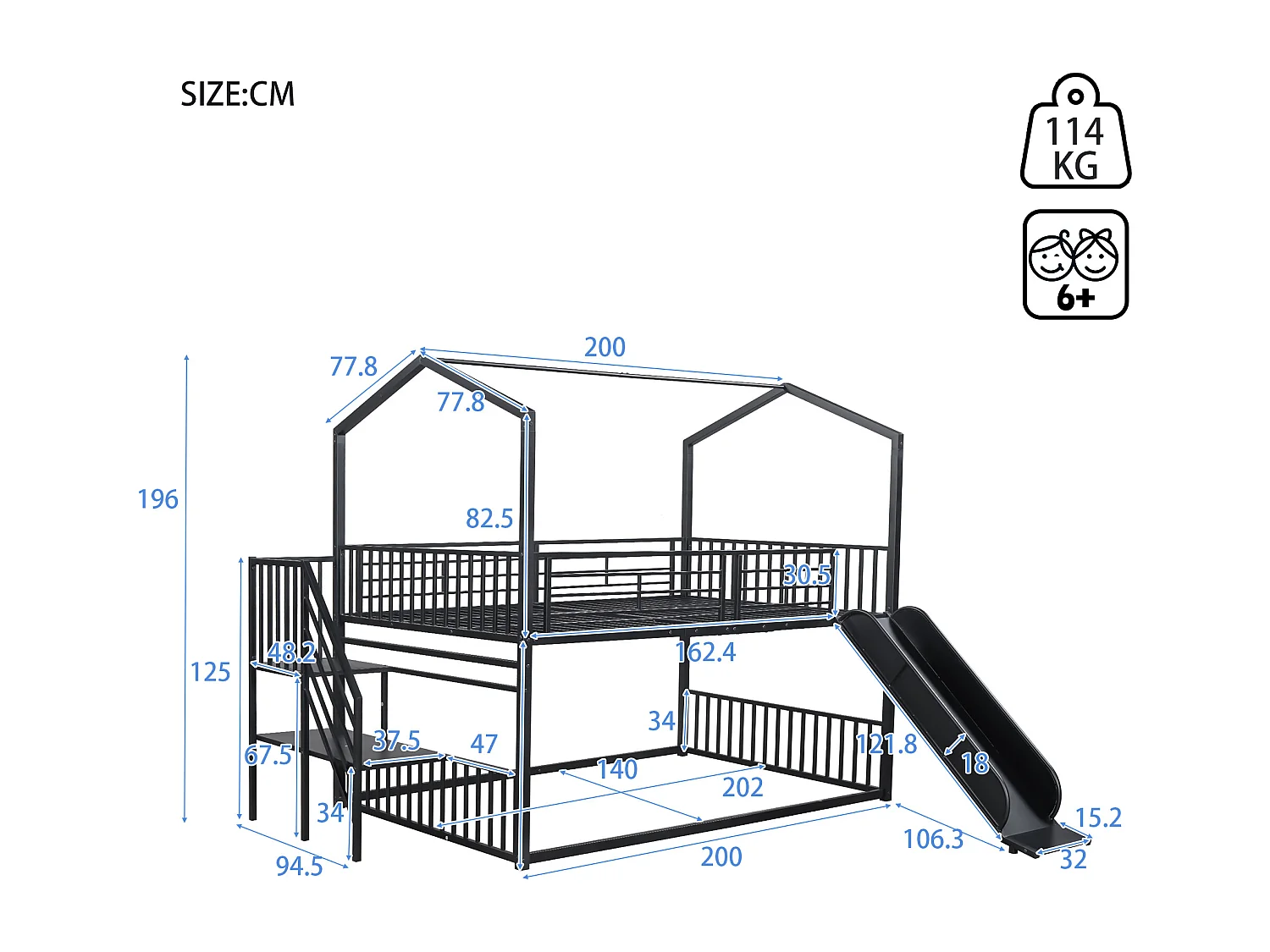 Lits superposés 2 x 140 x 200 cm avec toboggan et escalier pour enfant - Métal - Noir
