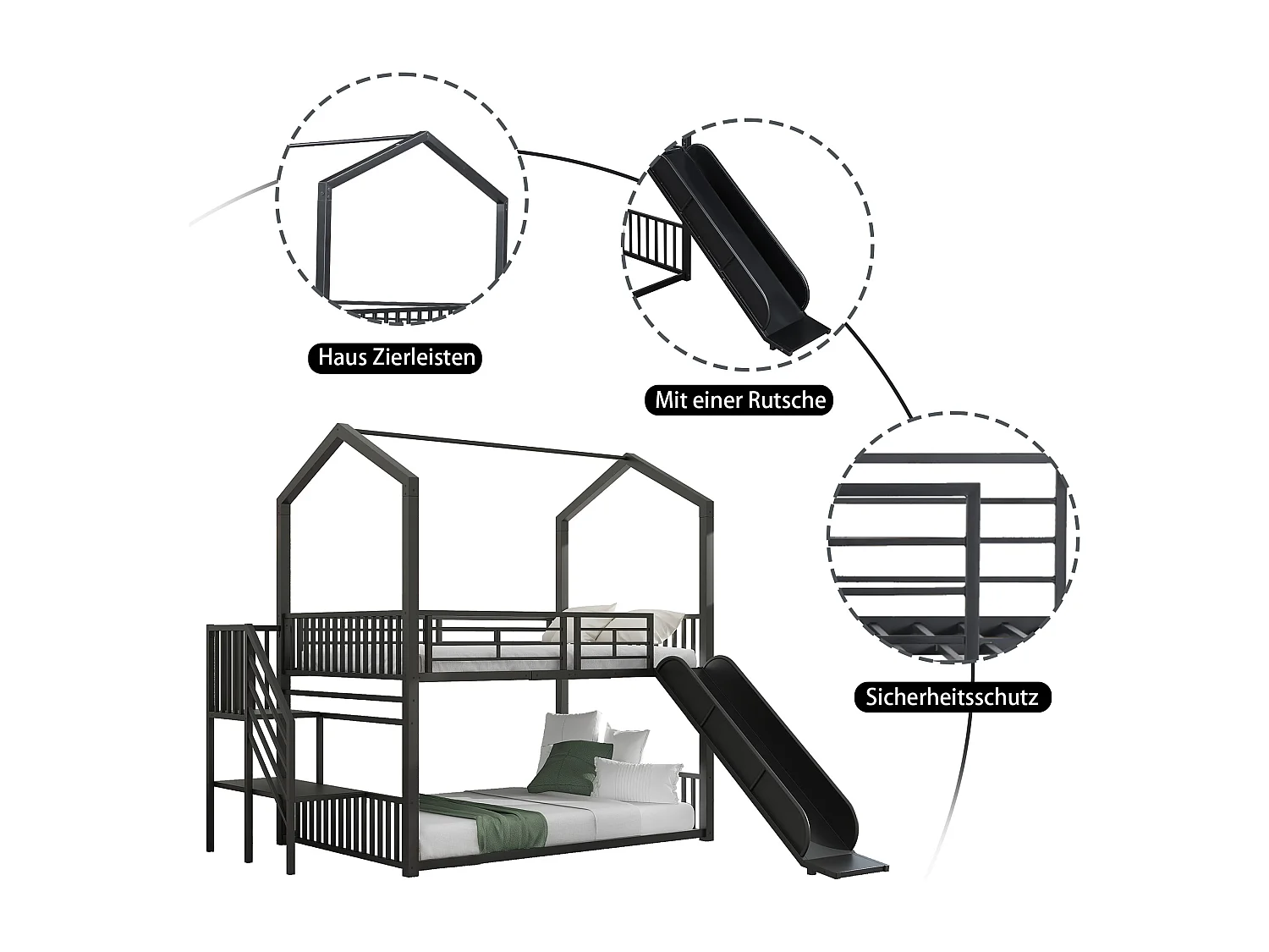 Lits superposés 2 x 140 x 200 cm avec toboggan et escalier pour enfant - Métal - Noir