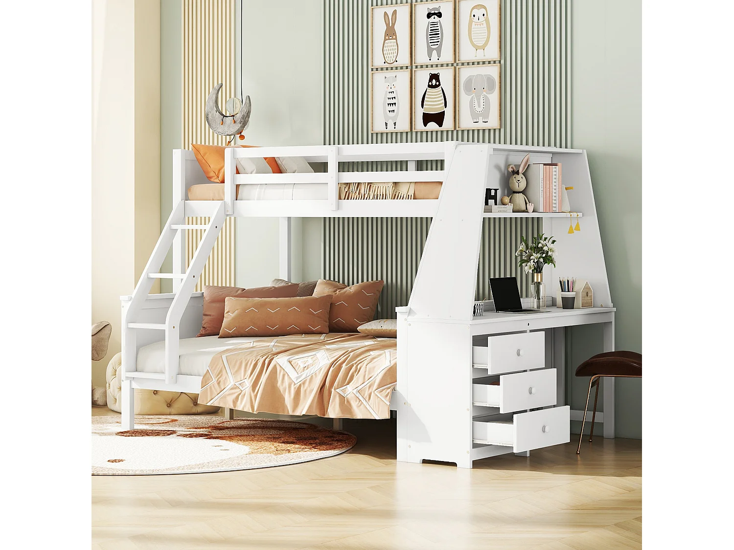 Stapelbed 90 x 200 cm + 140 x 200 cm - bureau + 3 lades + plank - MDF hout - wit