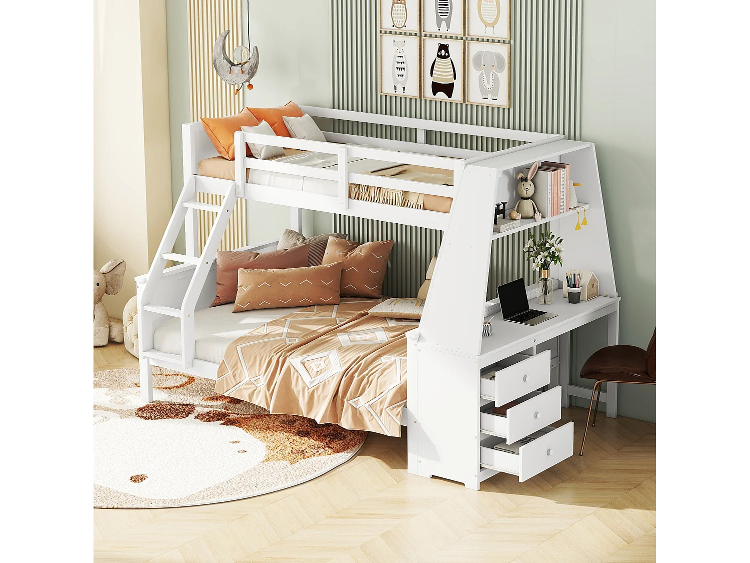 Stapelbed 90 x 200 cm + 140 x 200 cm - bureau + 3 lades + plank - MDF hout - wit