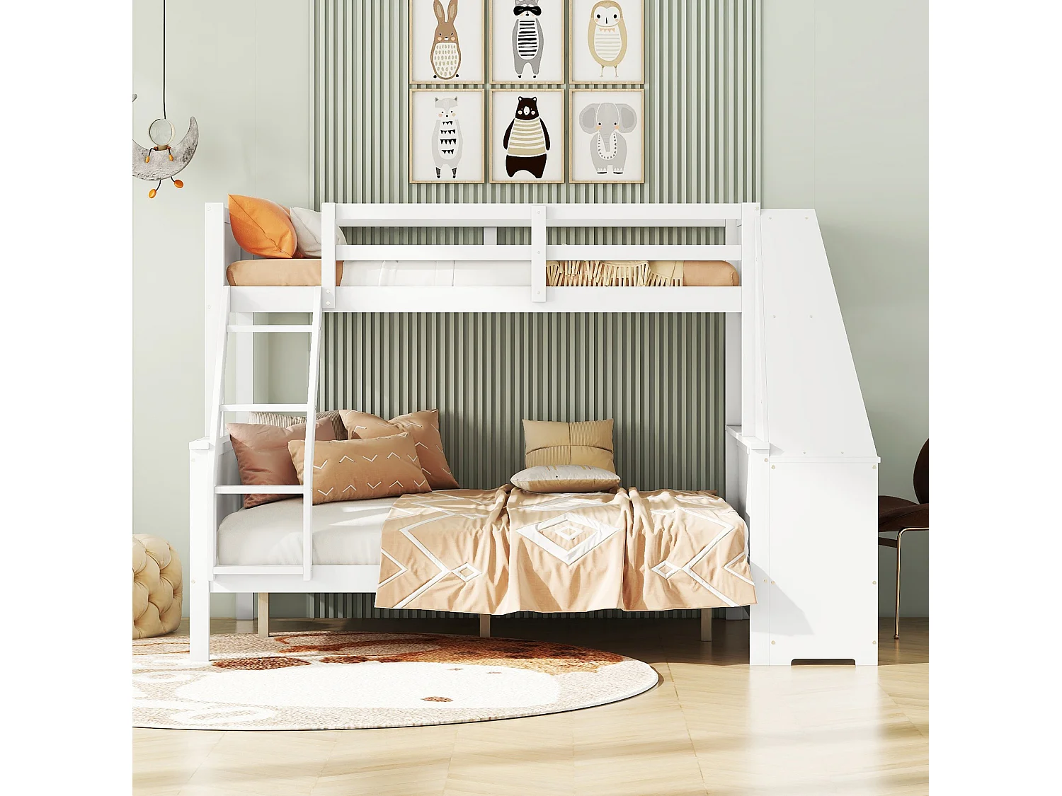 Stapelbed 90 x 200 cm + 140 x 200 cm - bureau + 3 lades + plank - MDF hout - wit