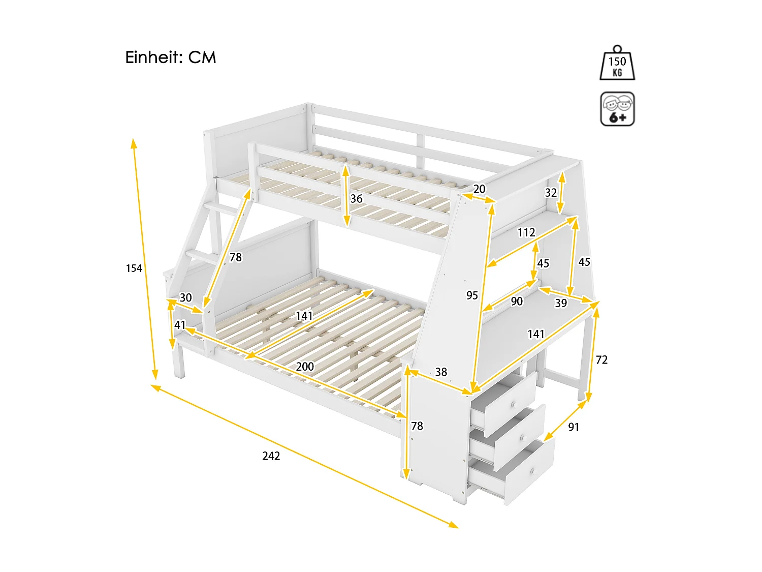 Stapelbed 90 x 200 cm + 140 x 200 cm - bureau + 3 lades + plank - MDF hout - wit