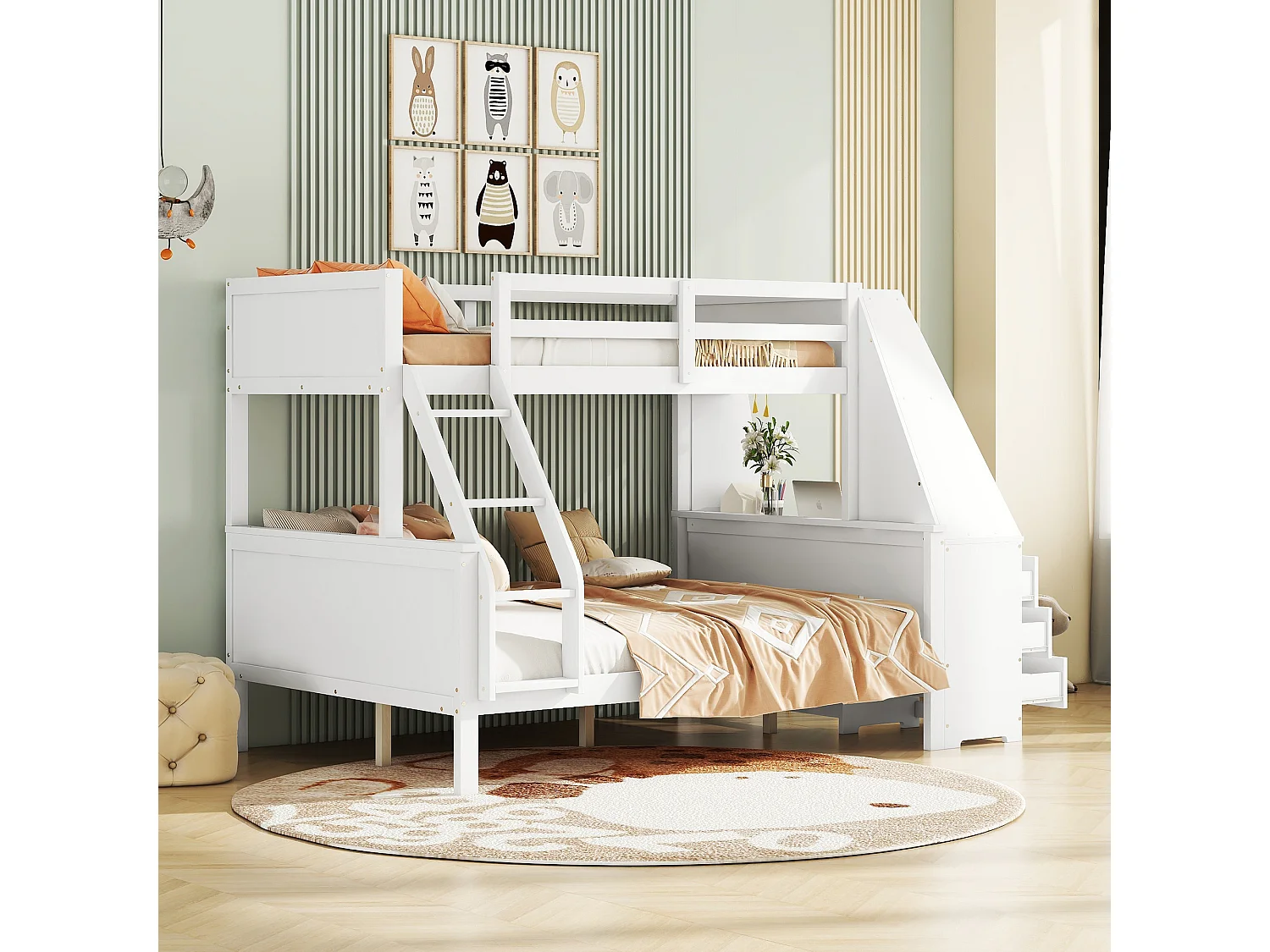 Stapelbed 90 x 200 cm + 140 x 200 cm - bureau + 3 lades + plank - MDF hout - wit