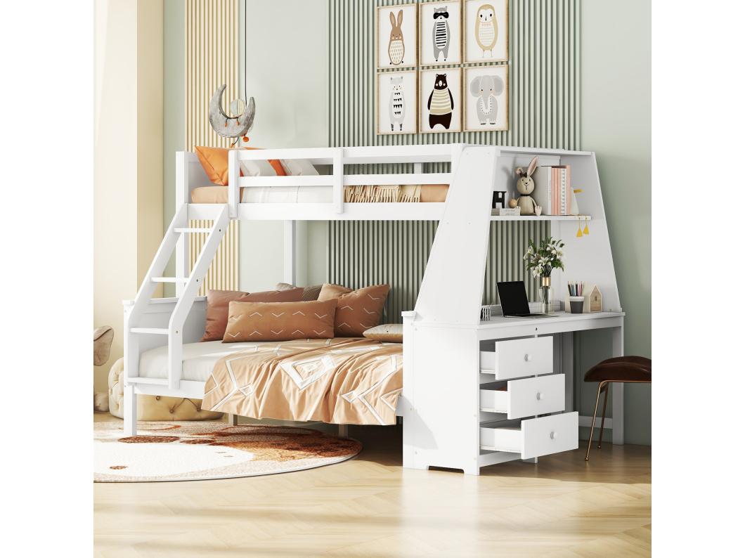 Literas 90x200 cm + 140x200 cm - escritorio + 3 cajones + estante - madera MDF - blanco