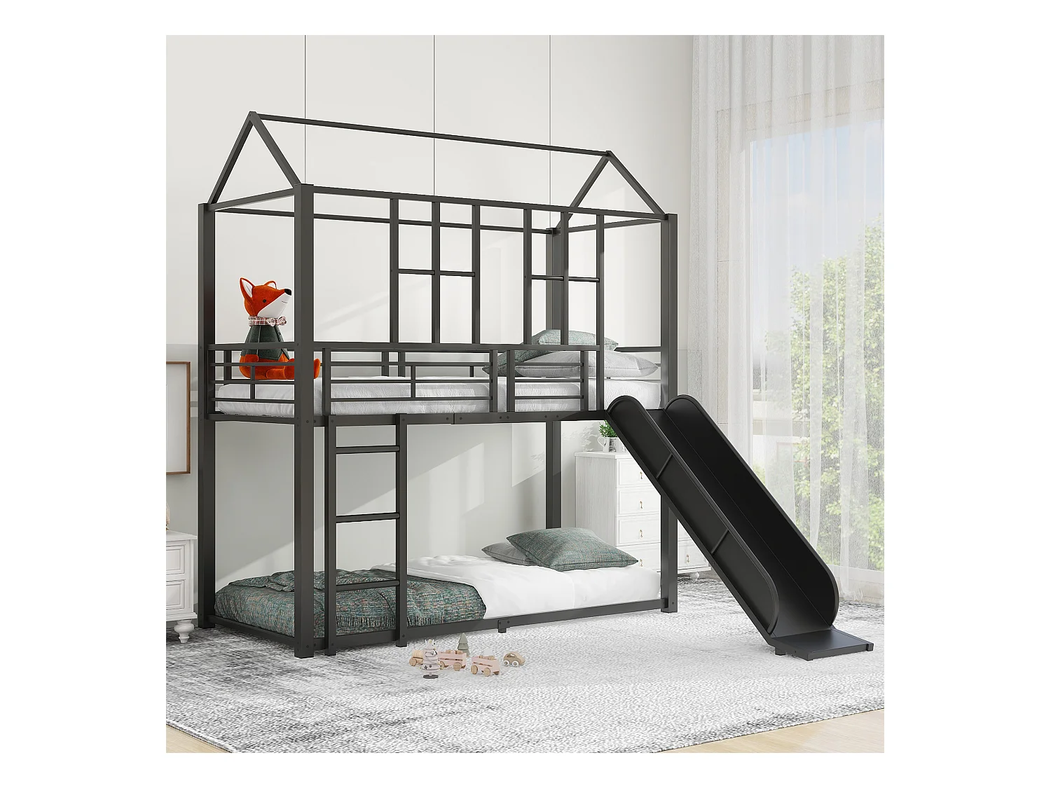 Lits superposés 2 x 90 x 200 cm avec toboggan pour enfant - Métal - Noir