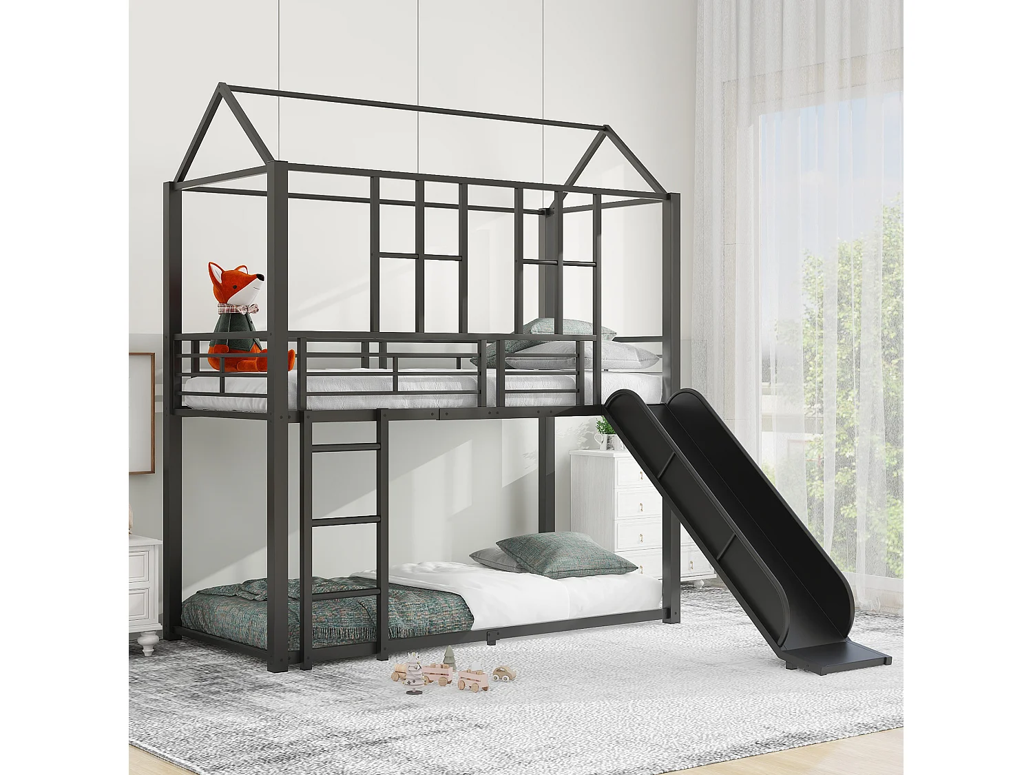 Lits superposés 2 x 90 x 200 cm avec toboggan pour enfant - Métal - Noir