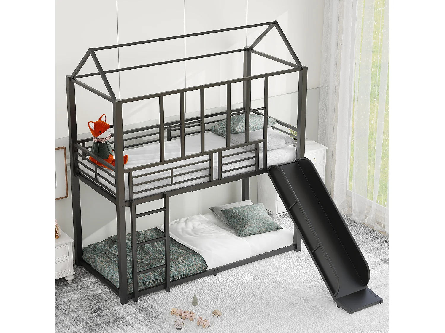 Lits superposés 2 x 90 x 200 cm avec toboggan pour enfant - Métal - Noir