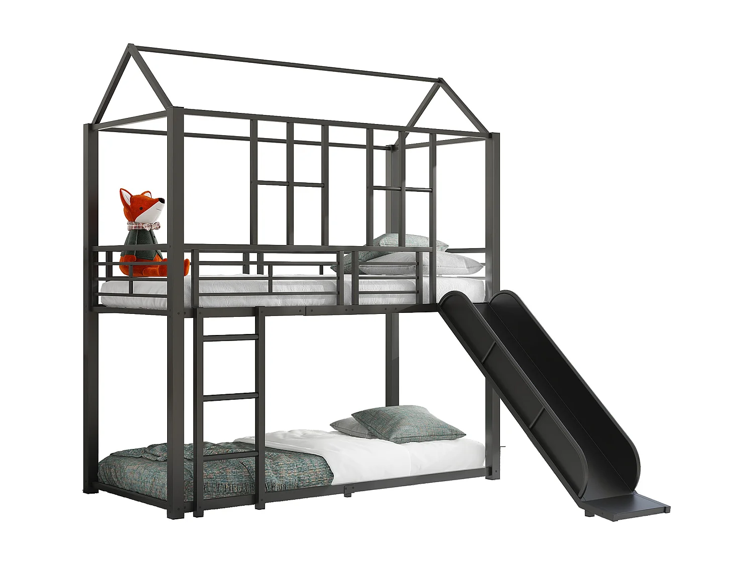 Lits superposés 2 x 90 x 200 cm avec toboggan pour enfant - Métal - Noir