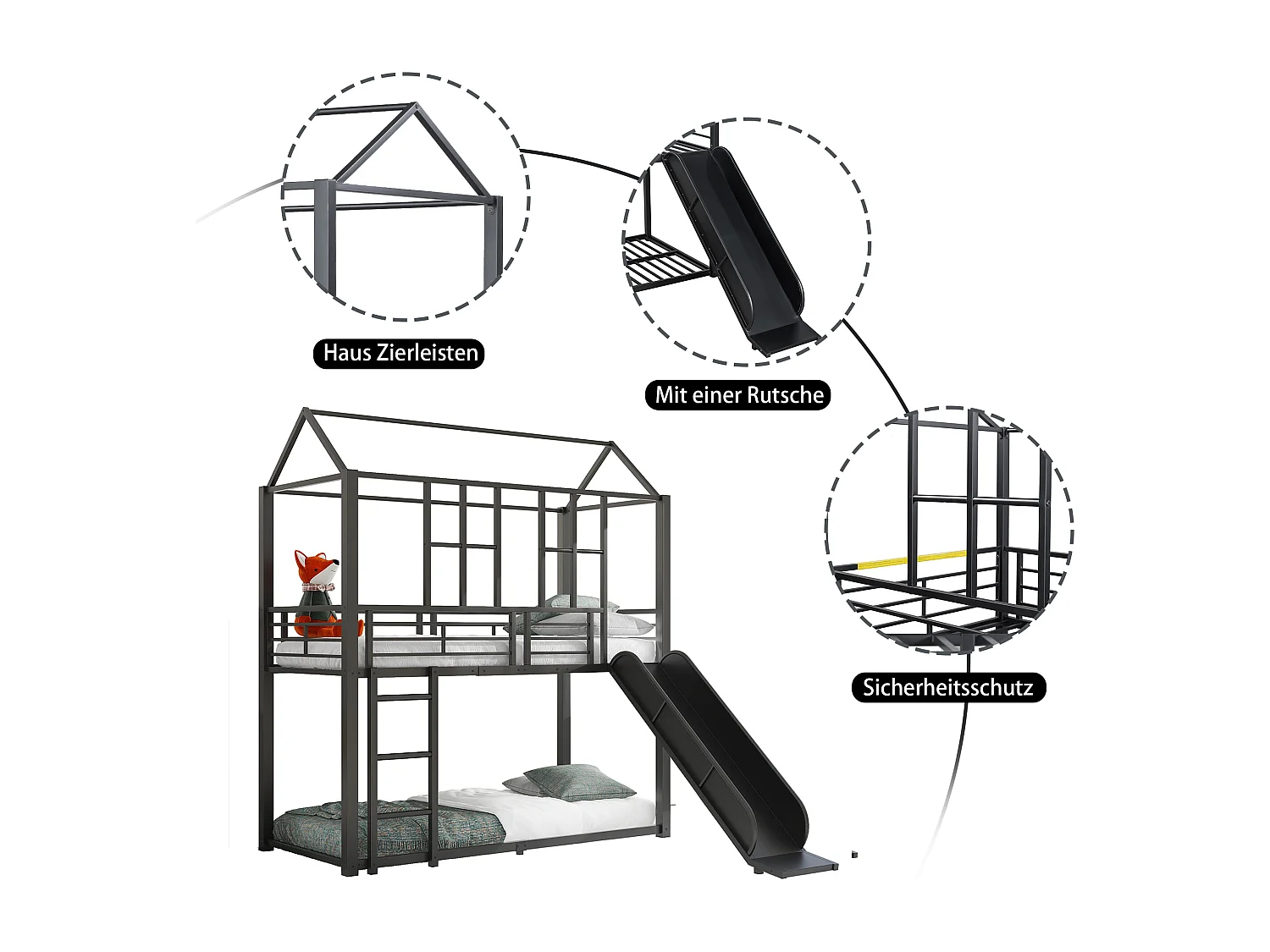 Lits superposés 2 x 90 x 200 cm avec toboggan pour enfant - Métal - Noir