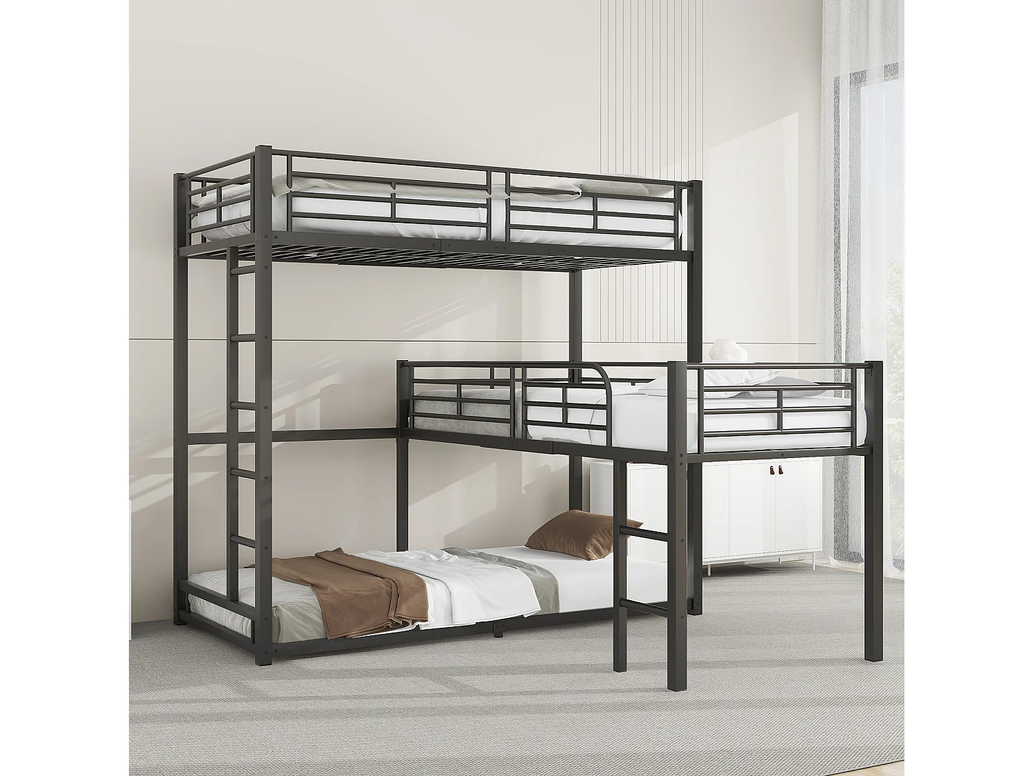 Lits superposés triples 90 x 200 cm - Garde-corps haut et échelle - Métal - Noir