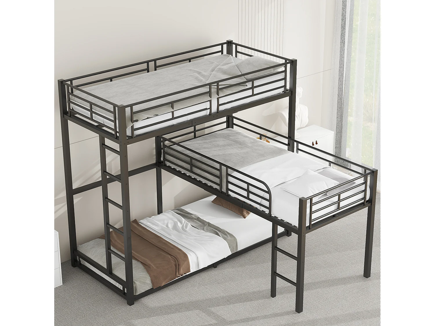 Lits superposés triples 90 x 200 cm - Garde-corps haut et échelle - Métal - Noir