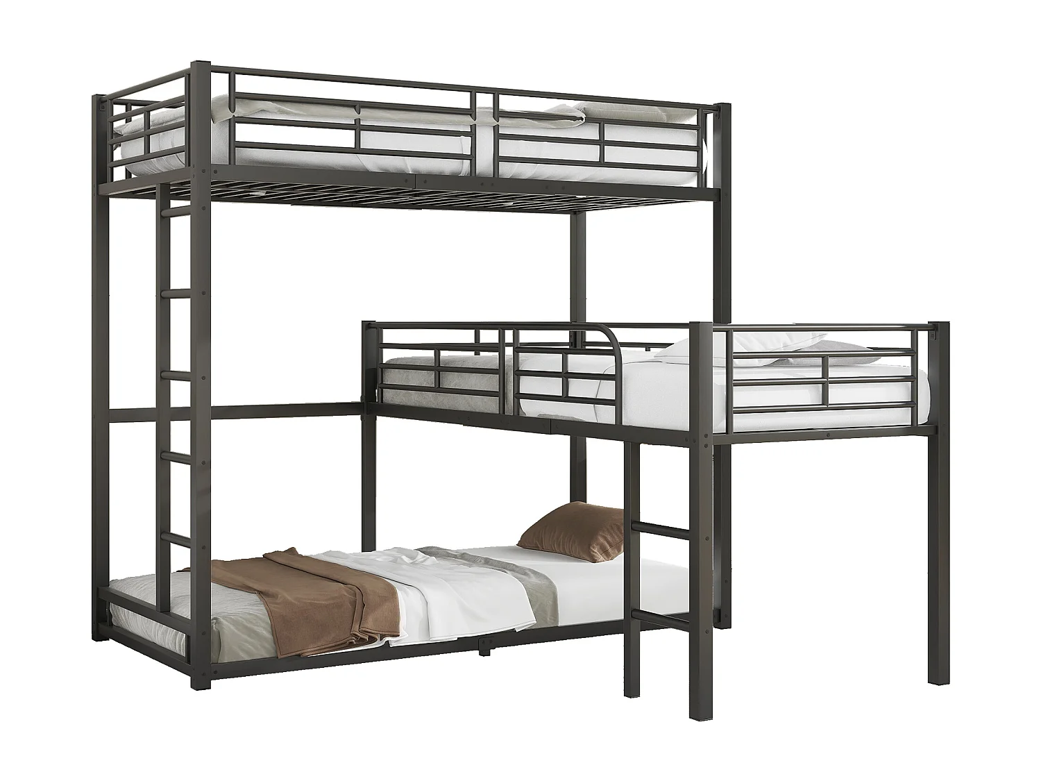 Lits superposés triples 90 x 200 cm - Garde-corps haut et échelle - Métal - Noir