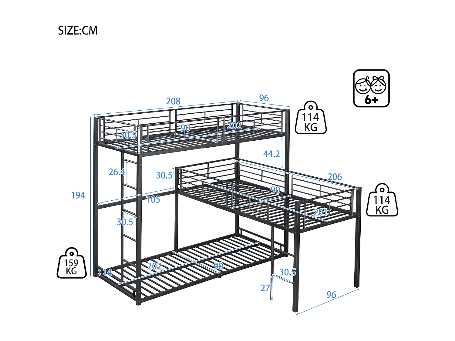 Lits superposés triples 90 x 200 cm - Garde-corps haut et échelle - Métal - Noir