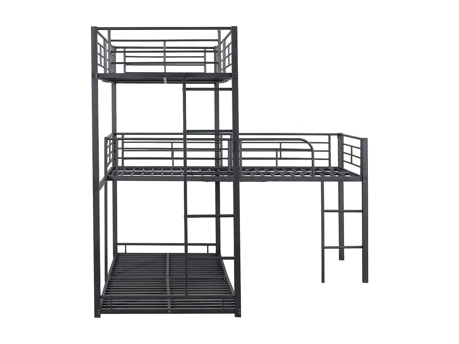 Lits superposés triples 90 x 200 cm - Garde-corps haut et échelle - Métal - Noir