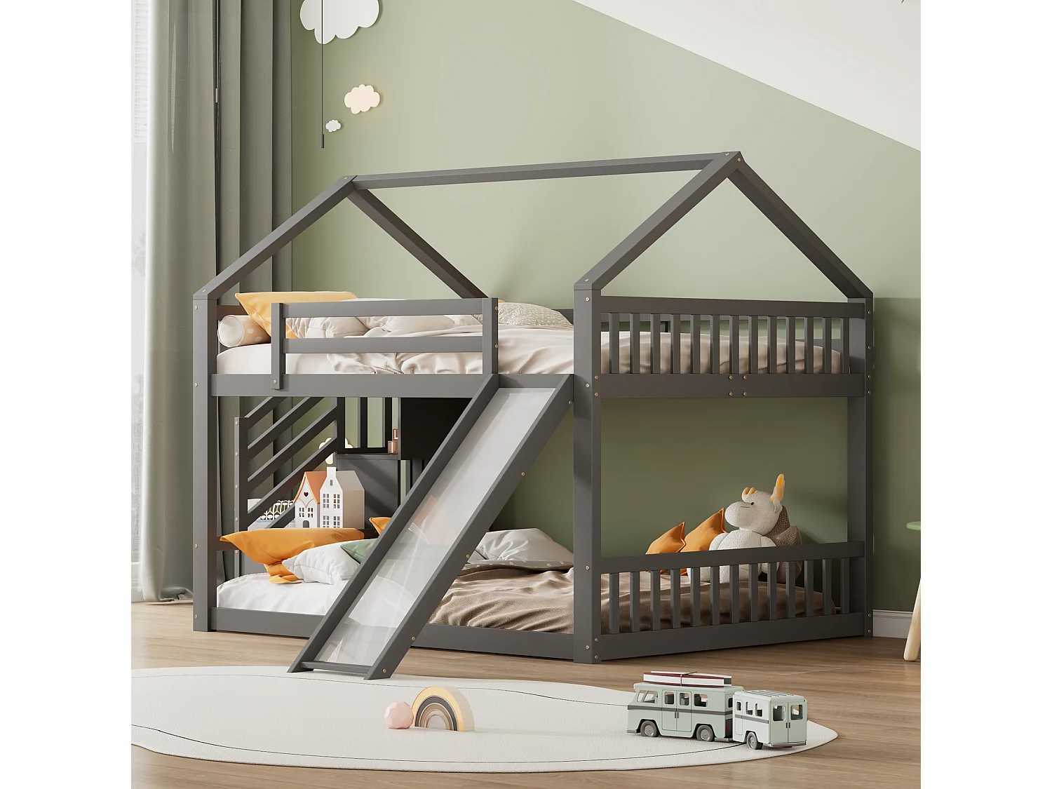 Lits superposés 2 x 140 x 200 cm - Bois MDF - Escalier de rangement et toboggan - Gris